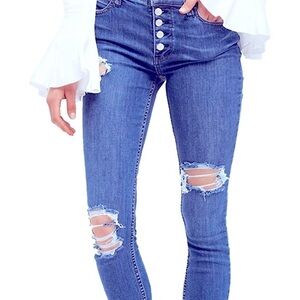 Free People Destroyed Reagan Button Skinny Jeans Size 28